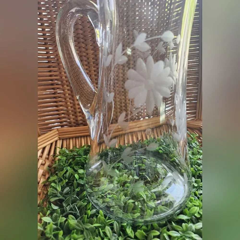 Vintage Etched Floral Pitcher Large
